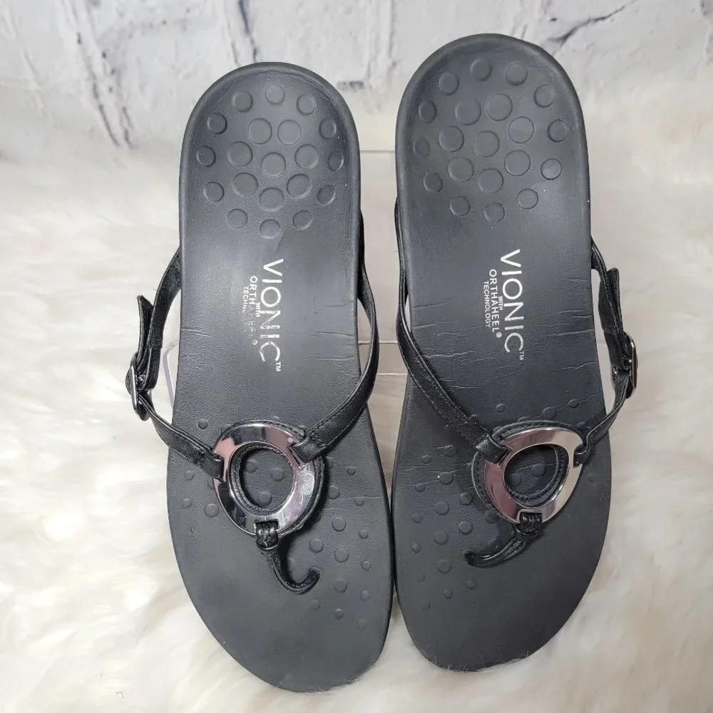 Vionic Karina OrthaHeel Womens Black Flip Flop Thong Sandals Ortho Comfy Casual‎